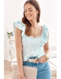 Kurze Bluse mit Rüschen und Guipure, Hellblau 517 – Online-Shop – Boutique